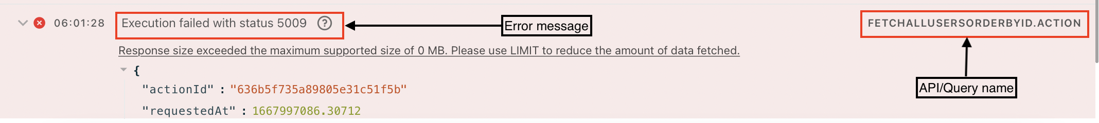 Response larger than the supported size error shown in errors tab